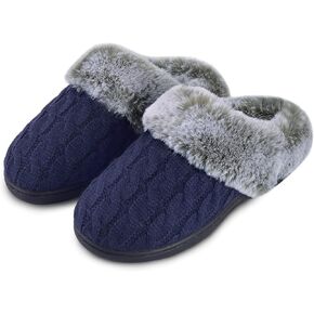Parlovable Women's Soft Cable Knit Slippers Soft Plush Faux Fur Collar Memory Foam Fuzzy House Shoes Anti-Skid Indoor/Outdoor Rubber Sole