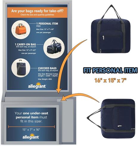 حقيبة الأغراض الشخصية من Allegiant Airlines مقاس 7x15x16 حقيبة سفر قابلة للطي من القماش الخشن لحمل الأمتعة للنساء والرجال (سلسلة سميكة باللون الأسود) in Kuwait