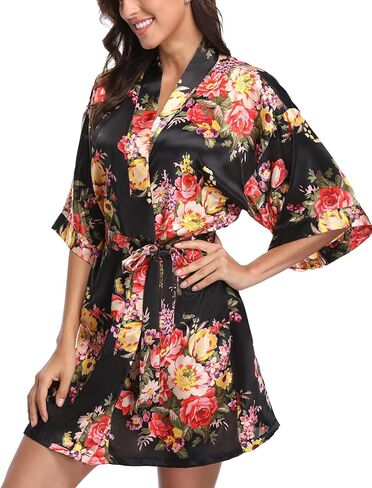 Laurel Snow Women's Floral Satin Robes Plus Size Bride Bridesmaid Getting Ready Robe Short Kimono Sleepwear for Wedding Party in Saudi Arabia