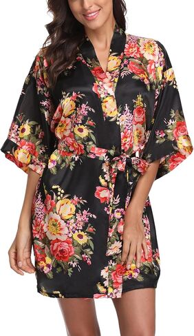 Laurel Snow Women's Floral Satin Robes Plus Size Bride Bridesmaid Getting Ready Robe Short Kimono Sleepwear for Wedding Party in Saudi Arabia