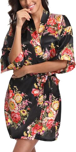 Laurel Snow Women's Floral Satin Robes Plus Size Bride Bridesmaid Getting Ready Robe Short Kimono Sleepwear for Wedding Party in Saudi Arabia
