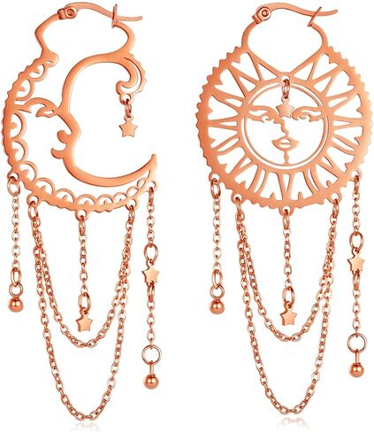 AntDear Asymmetrical Sun and Moon Earrings for Women Dangling, Rainbow Boho Earrings Star Tassel Chain Drop Dangle Statement Earrings Stainless Steel Bohemian Jewelry… in Saudi Arabia