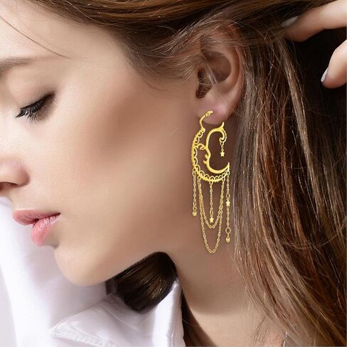 AntDear Asymmetrical Sun and Moon Earrings for Women Dangling, Rainbow Boho Earrings Star Tassel Chain Drop Dangle Statement Earrings Stainless Steel Bohemian Jewelry… in Kuwait