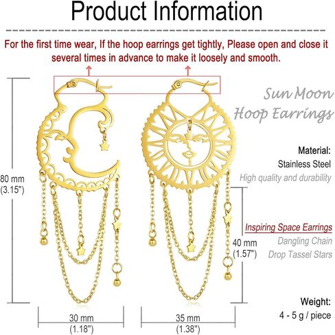 AntDear Asymmetrical Sun and Moon Earrings for Women Dangling, Rainbow Boho Earrings Star Tassel Chain Drop Dangle Statement Earrings Stainless Steel Bohemian Jewelry… in Kuwait