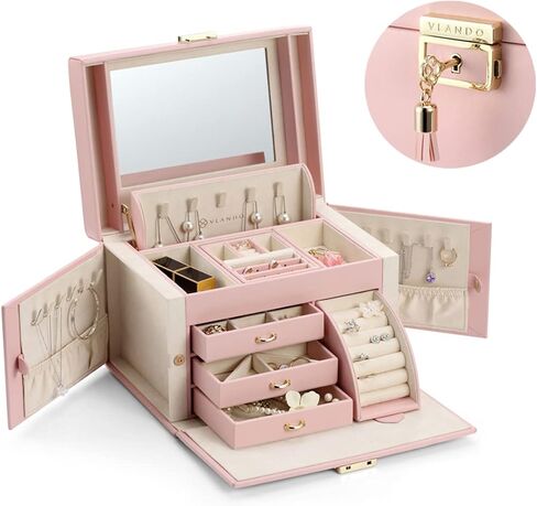 Vlando Lockable Jewelry Box Organizers with Key, Small Travel Earrings and Rings Jewelry Box on Top Included, Vintage Gift Case Packing for Ladies Women, Pink in Kuwait