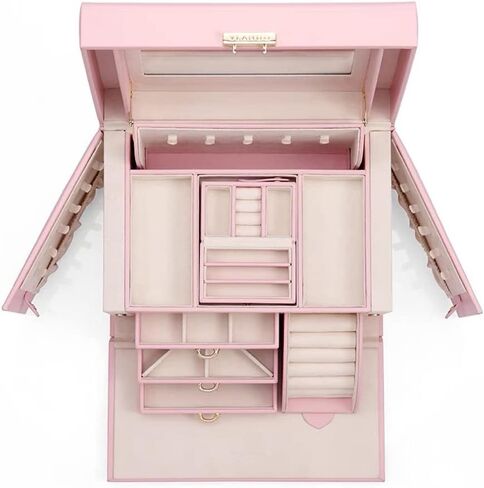 Vlando Lockable Jewelry Box Organizers with Key, Small Travel Earrings and Rings Jewelry Box on Top Included, Vintage Gift Case Packing for Ladies Women, Pink in Kuwait
