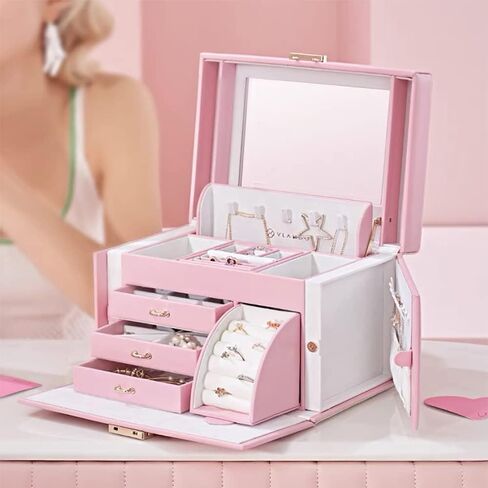 Vlando Lockable Jewelry Box Organizers with Key, Small Travel Earrings and Rings Jewelry Box on Top Included, Vintage Gift Case Packing for Ladies Women, Pink in Kuwait