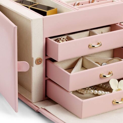 Vlando Lockable Jewelry Box Organizers with Key, Small Travel Earrings and Rings Jewelry Box on Top Included, Vintage Gift Case Packing for Ladies Women, Pink in Kuwait