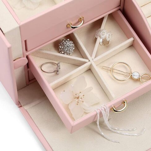 Vlando Lockable Jewelry Box Organizers with Key, Small Travel Earrings and Rings Jewelry Box on Top Included, Vintage Gift Case Packing for Ladies Women, Pink in Kuwait