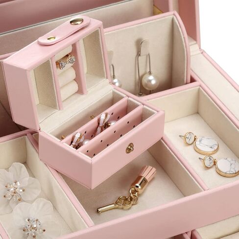 Vlando Lockable Jewelry Box Organizers with Key, Small Travel Earrings and Rings Jewelry Box on Top Included, Vintage Gift Case Packing for Ladies Women, Pink in Kuwait
