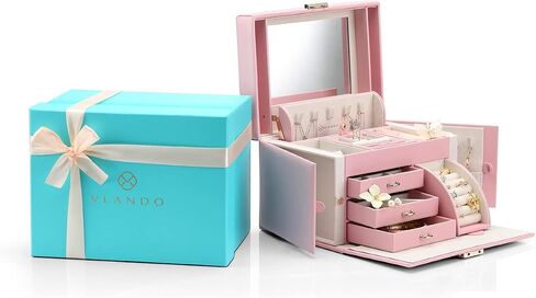 Vlando Lockable Jewelry Box Organizers with Key, Small Travel Earrings and Rings Jewelry Box on Top Included, Vintage Gift Case Packing for Ladies Women, Pink in Kuwait
