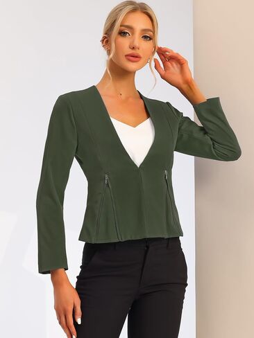 Allegra K Women's Crop Collarless Blazers Suit Zip Decor Work Office Jackets Blazer in Kuwait