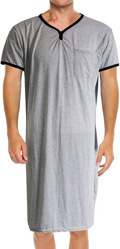 Fashion Store Mens Nightgown Henley Night Shirt for Sleeping Short Sleeve Nightgown Big and Tall, Loose Kaftan Sleepwear in Kuwait