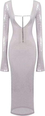 meilun Deep V Dress with Drawstring Long Sleeve Sequin Dress for Women Long Gown in Kuwait