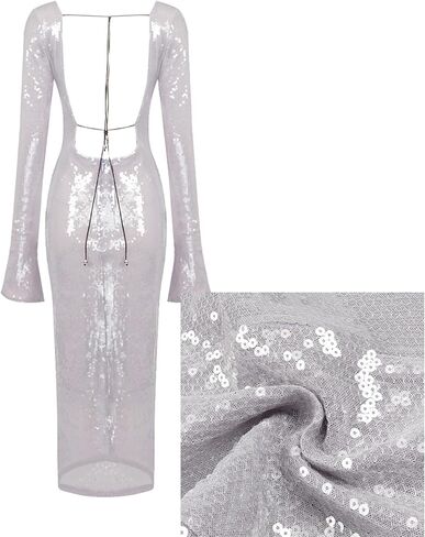 meilun Deep V Dress with Drawstring Long Sleeve Sequin Dress for Women Long Gown in Kuwait