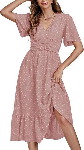 LYANER Women Boho Maxi Dress Long Sleeve V Neck Swiss Dot High Waited A-Line Ruffle Tiered Chiffon Long Dresses in Kuwait