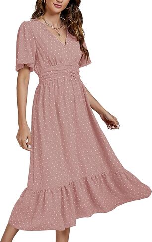 LYANER Women Boho Maxi Dress Long Sleeve V Neck Swiss Dot High Waited A-Line Ruffle Tiered Chiffon Long Dresses in Kuwait