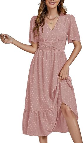 LYANER Women Boho Maxi Dress Long Sleeve V Neck Swiss Dot High Waited A-Line Ruffle Tiered Chiffon Long Dresses in Kuwait