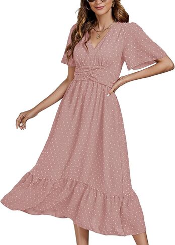 LYANER Women Boho Maxi Dress Long Sleeve V Neck Swiss Dot High Waited A-Line Ruffle Tiered Chiffon Long Dresses in Kuwait