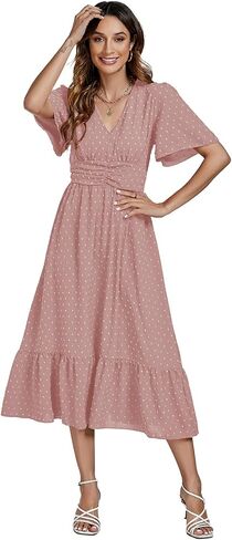 LYANER Women Boho Maxi Dress Long Sleeve V Neck Swiss Dot High Waited A-Line Ruffle Tiered Chiffon Long Dresses in Kuwait