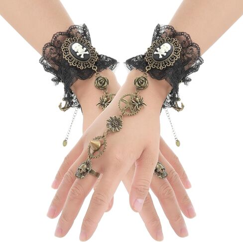 DIVINA VITAE Pirate Fingerless Lace Gloves Gothic Floral Lace Mesh Gloves Vintage Steampunk Wristband Ring Gloves Pirate Accessories Bracelet Ring Set for Woman Girl in Saudi Arabia