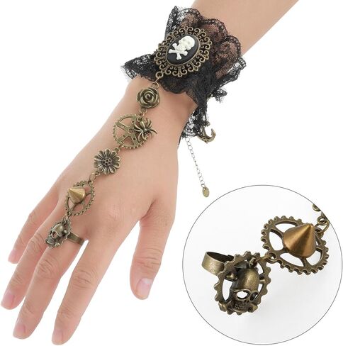 DIVINA VITAE Pirate Fingerless Lace Gloves Gothic Floral Lace Mesh Gloves Vintage Steampunk Wristband Ring Gloves Pirate Accessories Bracelet Ring Set for Woman Girl in Saudi Arabia