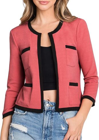 DOUBLJU Casual Open Front Crop Blazers 3/4 Sleeve Round Neck Formal Cropped Jackets for Womens with Plus Size Business Work in Saudi Arabia
