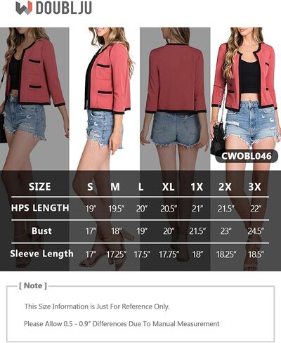 DOUBLJU Casual Open Front Crop Blazers 3/4 Sleeve Round Neck Formal Cropped Jackets for Womens with Plus Size Business Work in Saudi Arabia