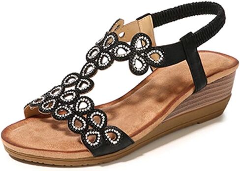 Meeshine Women's Wedge Sandals Summer Comfortable Casual Bohemian Beach Rhinestone Platform Shoes in Kuwait