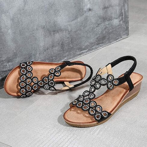 Meeshine Women's Wedge Sandals Summer Comfortable Casual Bohemian Beach Rhinestone Platform Shoes in Kuwait