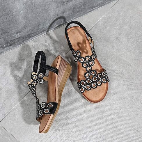 Meeshine Women's Wedge Sandals Summer Comfortable Casual Bohemian Beach Rhinestone Platform Shoes in Kuwait