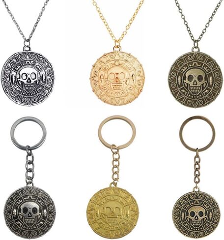 مجموعة واحدة من 6 قطع من بضائع قراصنة الكاريبي بدلايات عملات ذهبية ازتيك وسلسلة مفاتيح مطلية بالفضة والبرونز ورؤوس جمجمة قلادة قلادة سلسلة مفاتيح للمعجبين in Kuwait