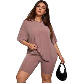 WDIRARA Women's Plus Size 2 Piece Outfits Half Sleeve Oversized Tee with Biker Shorts Set Tracksuit in Kuwait