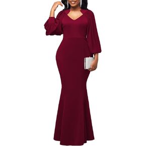 HugeNice Colorful Maxi Dresses for Women Sexy Long Sleeve Deep V Neck Bodycon Floor Length Dress