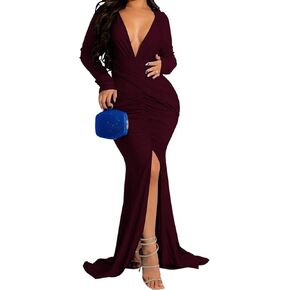 HugeNice Colorful Maxi Dresses for Women Sexy Long Sleeve Deep V Neck Bodycon Floor Length Dress in Kuwait