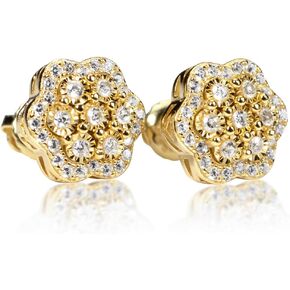 Men's Large 14K Yellow Gold 925 Sterling Silver Flower Cluster Hip Hop Stud Earrings in Saudi Arabia