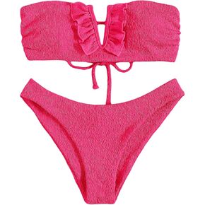 MakeMeChic Women's 2 Piece Bandeau Swimsuit Ruffle Trim Lace Up Bikini Set Strapless Bathing Suits