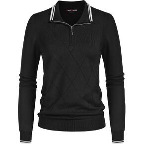 JACK SMITH Pullover Sweaters for Women Long Sleeve Argyle Quarter Zipper Collar Polo Sweater Ribbed Knit Golf Tops