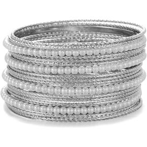 Ensoul Acrylic Pearl-Beads/Glass Seedbeads Mixed Metal Bangles Bracelets for Women Set of 17 in Saudi Arabia