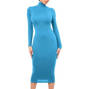 Liseaforu Women Basic Turtleneck Long Sleeve Bodycon Dress Fall Slim Solid Midi Pencil Dress Tight