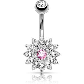 Forbidden Body Jewelry Surgical Steel Crystal Paved Petite Flower Belly Ring with Crystal Center