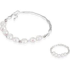 مجموعة أساور وخاتم من اللؤلؤ N9NEMUSES للنساء، سوار من الفضة الباروكية S925 وخاتم مطاطي، مجموعة مجوهرات لؤلؤ المياه العذبة للفتيات in Kuwait