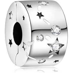 Annmors 925 Sterling Silver Clip Charms Safety Chain fit Bracelets Necklaces Stopper Beads with 5A Cubic Zirconia Christmas Mother's Day Gift for Women Girls