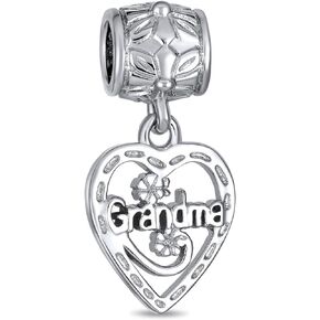 Engrave Word Nana Grandma God Mother BFF Word Heart Shape Puzzle Two Piece Split Dangle Bead Charm For Grandmother Crystal Accent Oxidized .925 Sterling Silver Fit European Bracelet