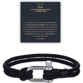 Silver Stainless Steel Horseshoe Buckle Bracelet for Men Boys Handmade Black Bracelet for Independence Day Gift Inspirational Meaningful Bracelet Gift for Son Graduation/Birthday/Christmas Gifts from Mom