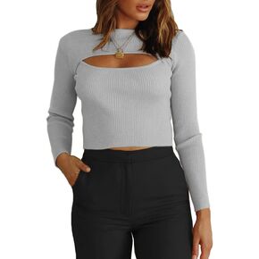 CHYRII Women's Cutout Long Sleeve Knitted Ribbed Pullover Sweater Jumper Tops