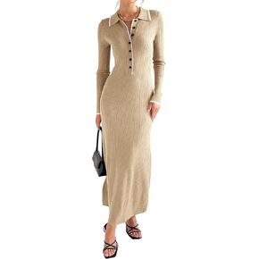 Langwyqu Womens Knit Long Sweater Dress Button V Neck Collared Long Sleeve Ribbed Bodycon Pullover 2023 Fall Maxi Dresses