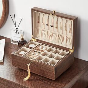 Homruilink Black Walnut Wooden Jewelry Box for Bracelet, Watch, Necklace, Ring, Storage Lockable Gift Case for Girls men, Classical Solid Wooden 2 Layer Jewelry box. in Kuwait