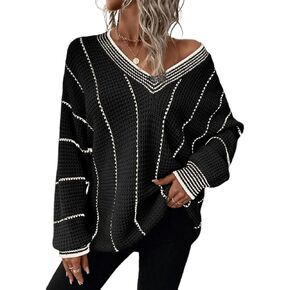 AlvaQ Oversized Sweater for Women Winter Loose Striped Color Block Knit Pullover Jumper Tops Long Sleeve V Neck Sweaters Black 1X in Kuwait