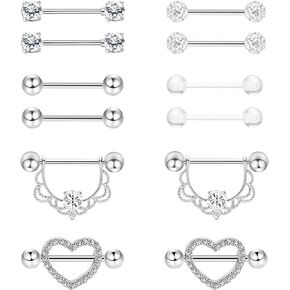 Masedy 6 Pairs 14G 316L Stainless Steel Nipplerings Nipple Tongue Rings Women Girls CZ Barbell Body Piercing Jewelry